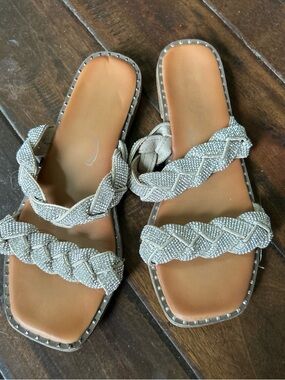 Embellished Braided Slide Sandals - Silver